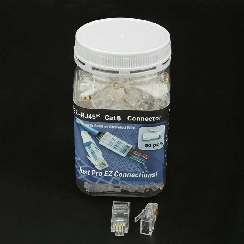 PETECHTOOL RJ45 CAT5 CAT5e Pass Through Connectors 50Pack End Ethernet 8P8C GoldPlated Modular Plug for Unshielded Twisted Pair Solid Wire Standard Cables - Image 5